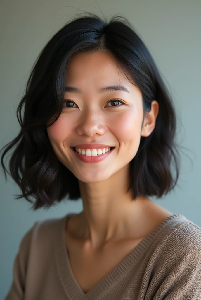 40 years old teacher, chin length semi wavy black hair, semi chinky eyes, chubby cheeks