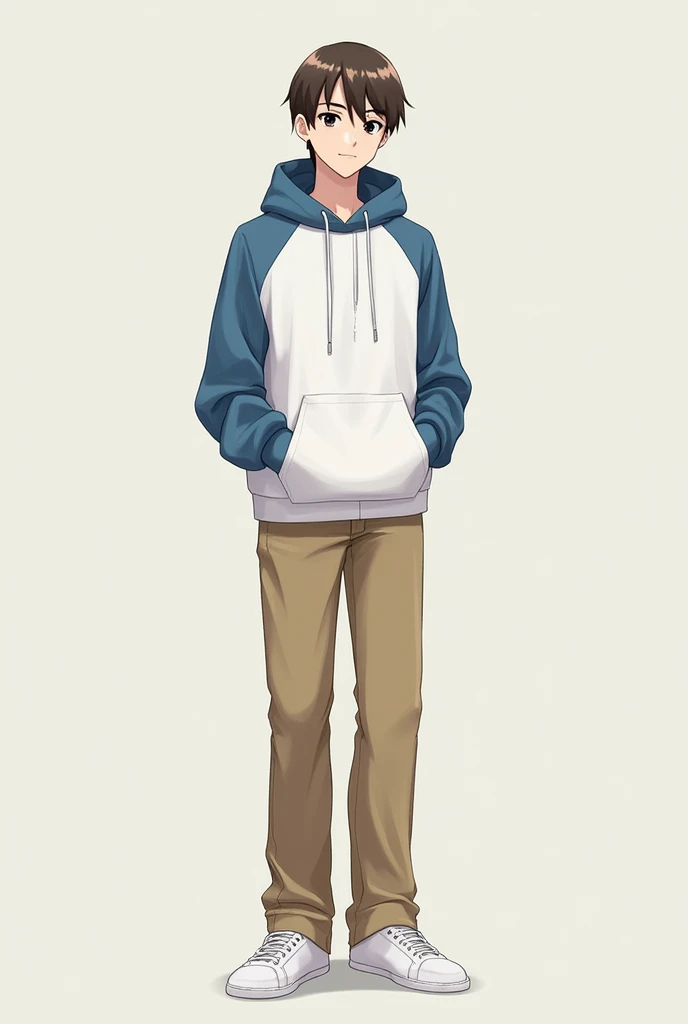 Shinichi is a tall young man, with short brown hair, and black eyes. He wears a white sweat jacket with a blue hood, khaki pants, and white shoes.