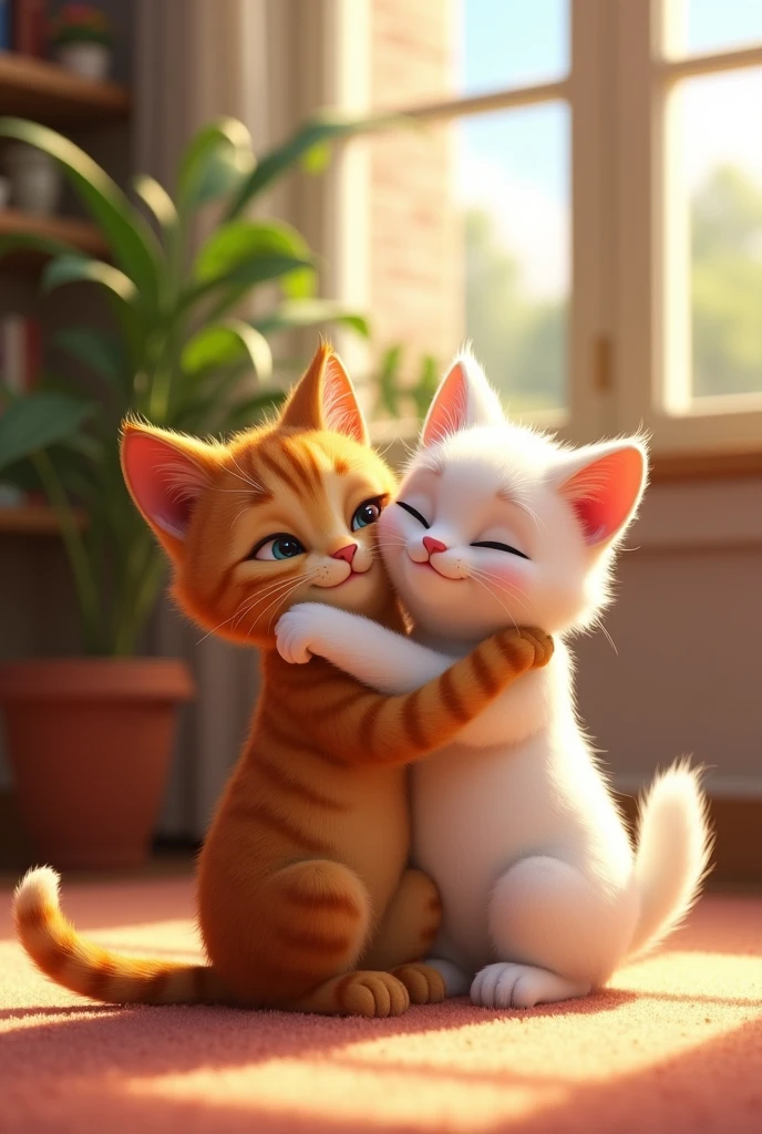 Moti brown cat band Sona white cat Happy Reunion After Sickness: Moti, now recovered, playing again with Sona, both cats looking healthy and joyful, celebrating their enduring friendship. Pixar style