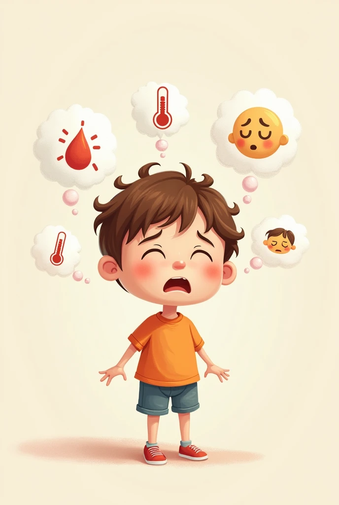 Suggested images: A child with thought bubbles displaying symptoms like a thermometer for fever, ho, and tired face.