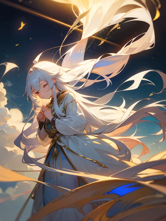 Highest quality、Very delicate、Long Hair、Fantasy、beautiful、ephemeral、Loose、cute、hope、Dynamic Cloud、Silver Marble Skin、night、Golden light