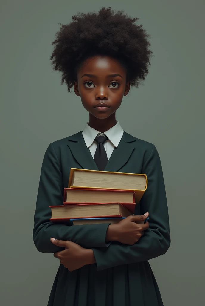 A 19 year black girl holding her books and looks so sad
