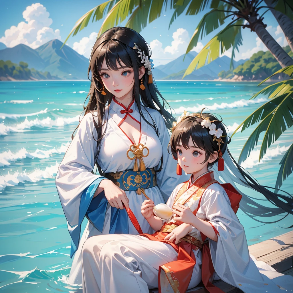 A one-year-old baby boy in an ancient Chinese baby costume with his beautiful mother, dressed in an white ancient Chinese costume, playing with each other, with his handsome father standing next to his mother, close up.
Sitting fishing By the blue sea Under the coconut tree Behind there are mountains, with low, lazily floating clouds.
