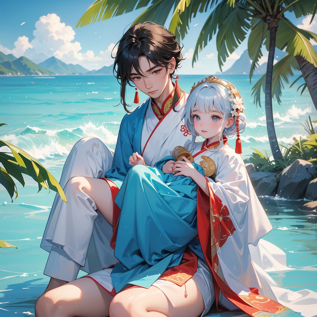 A one-year-old baby boy in an ancient Chinese baby costume with his beautiful mother, dressed in an white ancient Chinese costume, playing with each other, with his handsome father standing next to his mother, close up.
Sitting fishing By the blue sea Under the coconut tree Behind there are mountains, with low, lazily floating clouds.