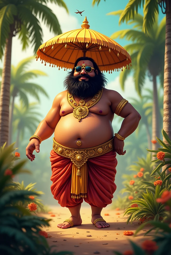 Kerala background with Maveli big stomach with plam umbrella with dhoti kerala style full of gold ornaments with sunglasses with  crazy movement 