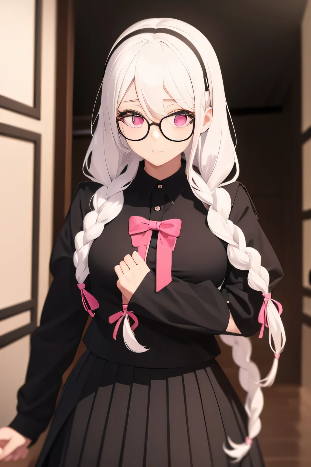 (masterpiece, best quality), 1girl, pink eyes, twin braids, hair over shoulders, glasses, black shirt, serafuku, long sleeves, pleated skirt, pure white hair