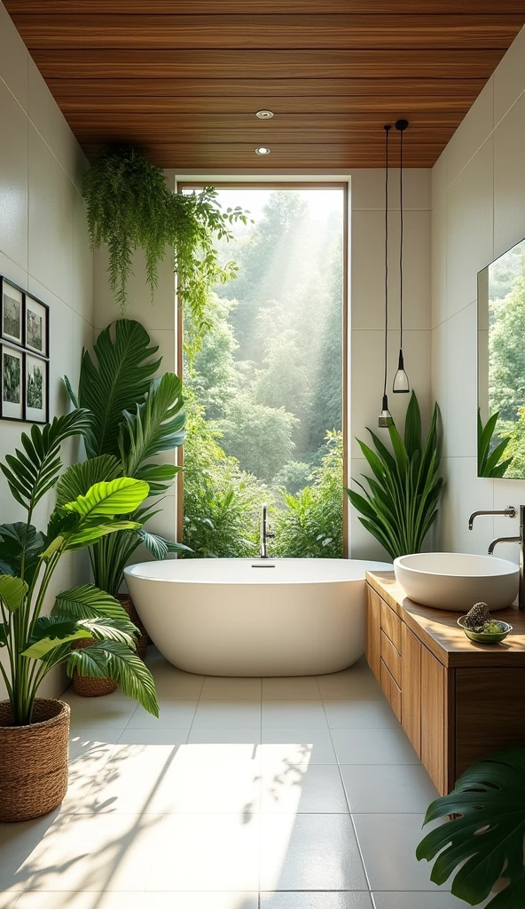 Washroom space with wooden roof structure and large windows.
 - Numerous tropical plants are placed to create a harmonious atmosphere with nature
 - White tiles and wooden furniture create a clean space
 - Functional design with a large mirror, washbasin, and bathtub
 - Natural materials are used throughout to create a relaxing atmosphere.