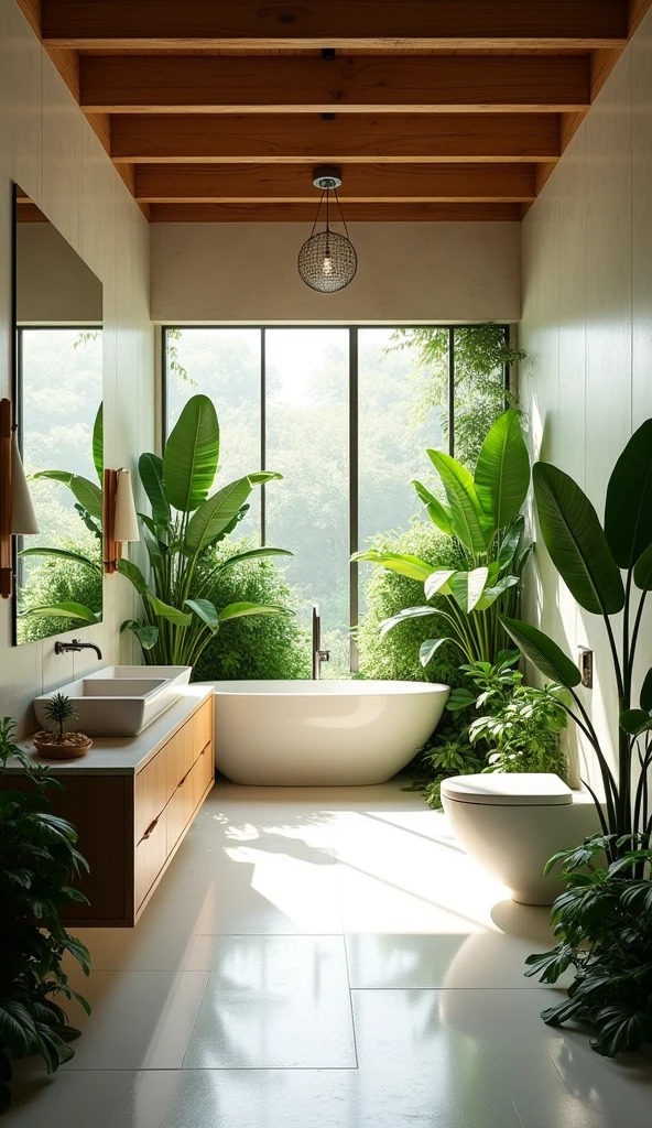 Washroom space with wooden roof structure and large windows.
 - Numerous tropical plants are placed to create a harmonious atmosphere with nature
 - White tiles and wooden furniture create a clean space
 - Functional design with a large mirror, washbasin, and bathtub
 - Natural materials are used throughout to create a relaxing atmosphere.
