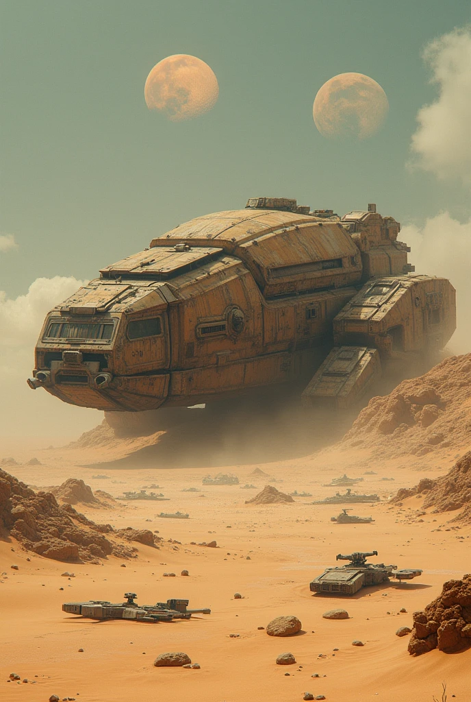 巨大な古代Sandcrawler, Detailed crashed spaceship, Detailed spaceship, movie「Dune」Sandcrawler, Abandoned Sandcrawler, flying scifi vehicle, レトロなSF Spaceship, Very detailed, Ancient crashed spaceship, SF Spaceship, Fallout Airplane Concept Art, Ancient spaceships、Two moons