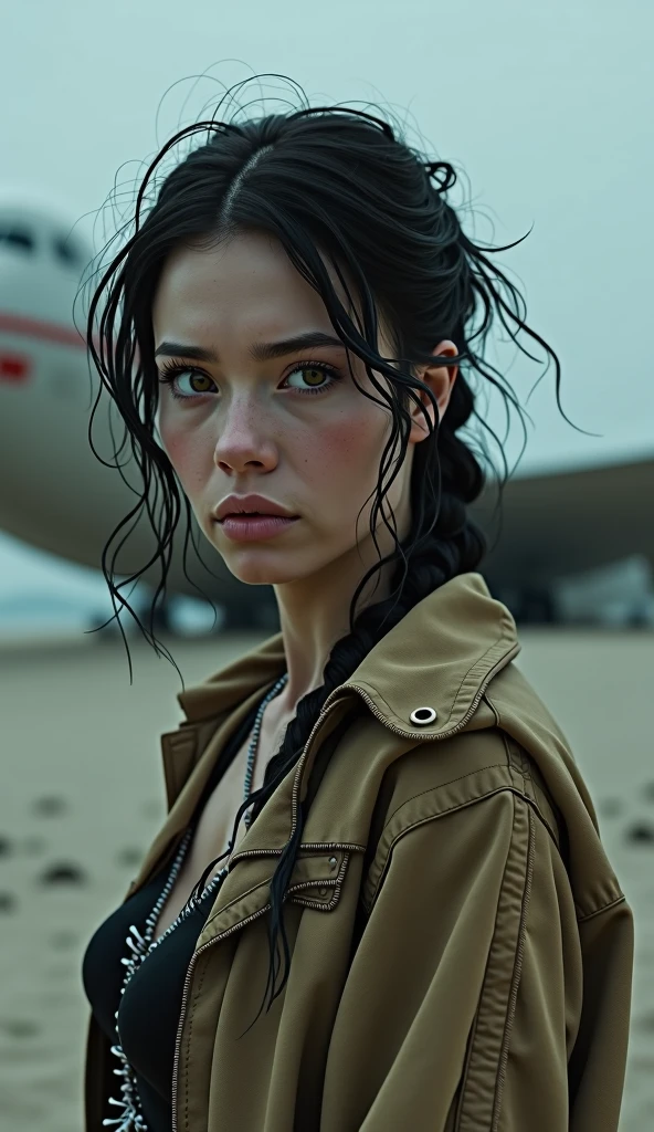 a lost woman on a deserted island, crashed plane in the background, beautiful detailed eyes, beautiful detailed lips, extremely detailed face, long eyelashes, messy hair, tattered clothes, sitting on the sand, looking worried, dramatic lighting, cinematic composition, muted color palette, moody atmosphere, photorealistic, 8k, ultra-detailed, realistic, masterpiece