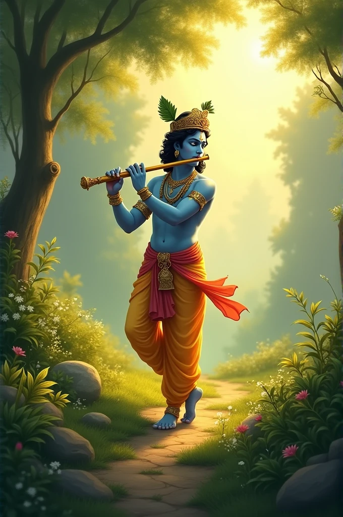"Create an image of Lord Krishna in a serene and divine setting, depicting him playing the flute with a calm and enchanting expression. The background should be a lush, green landscape with soft, golden light. The name 'YEDUKONDALU' should be elegantly integrated into the background, blending harmoniously with the scene."