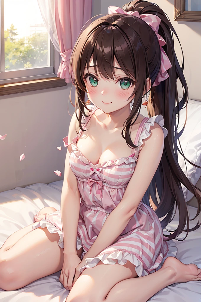 A beautiful girl in a red dress sitting on a bed with rose petals, anime girl,masterpiece, longing, closeup cleavage, Big eyes, KawaTech, kawaii, Cute, Pastel colors, Best Quality, cheerfulness, Deep background, Symmetrical, Head Tilted, 1girl in, lightsmile, Shiny skin, Best Quality, masterpiece, (Game CG:1.4), NSFW, Detailed beautiful face and eyes, bottom shot, turned around, hight resolution, (high detailed face), ((((1girl in)))), ((( Solo ))), delicate and pretty, Perfect face, Beautiful detailed eyes, ((Smile)), earrings, smile, blush, pupils sparkling, Fair skin, Real Human Skin, ((((20 years old )))), (big round breasts)), Baby face, dark brown hair, pink gradient bangs, long bangs, long hair, (((Ponytail))), wavy hair, swept bangs, shiny hair, hairclip, ribbon, hair flower, gymnastic suit, masterpiece, super fine illustration, best quality, light particles, ultra-detailed, 8K wallpaper, (bright colors:1.2), solo, ((a )), big breasts, (brown hair), shiny skin, (wearing pale red and white horizontal striped dress, short sleeve), (frilled miniskirt), (white legwear), ((horizontal striped panty)), (beautiful green eyes, shiny eyes, big eyes), affectionate smile, seductive smile, closed mouth, shadowblush cheeks, (naughty room),, panorama, Wide-Angle, f/1.8, 85mm, Nikon, 8k, super detail, UHD, retina, masterpiece, accurate, anatomically correct, textured skin, high details, best quality, highres, pink bed), (pink pillows), (pink curtain), looking back, get d16(own all fours, nsfw, sunlight, high detail, anime, anime style, cinematic lighting, dithering, image fill, framed, pov, perspectivek