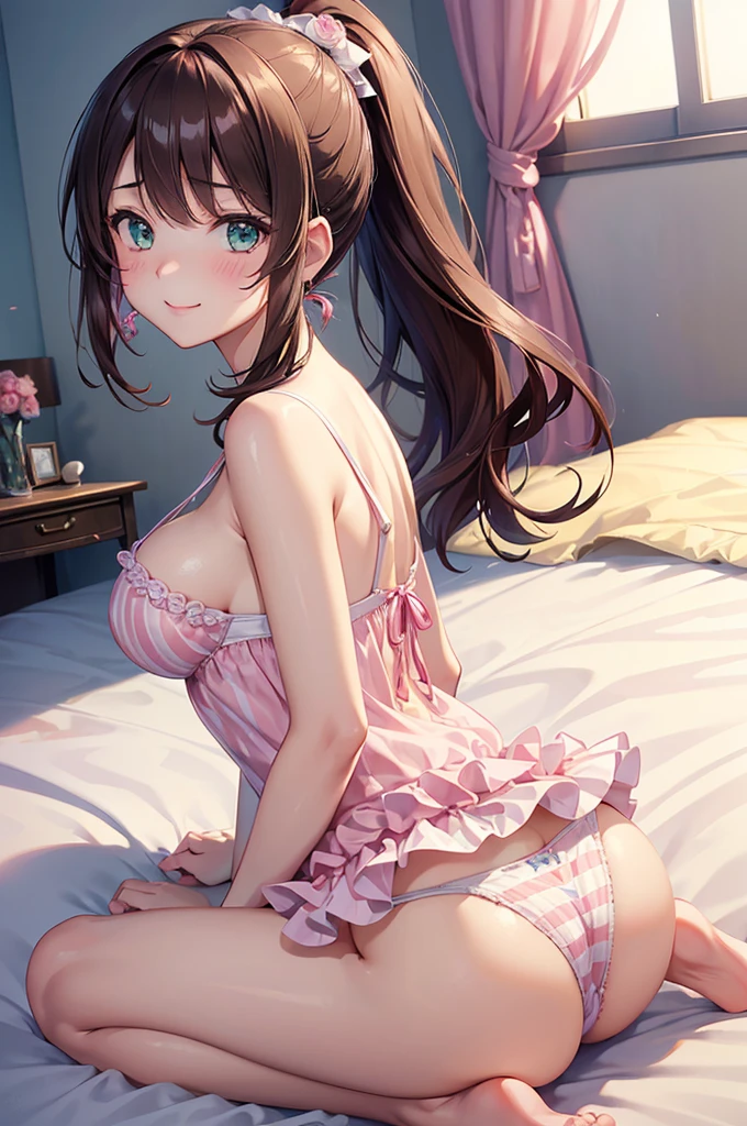 A beautiful girl in a red dress sitting on a bed with rose petals, anime girl,masterpiece, longing, closeup cleavage, Big eyes, KawaTech, kawaii, Cute, Pastel colors, Best Quality, cheerfulness, Deep background, Symmetrical, Head Tilted, 1girl in, lightsmile, Shiny skin, Best Quality, masterpiece, (Game CG:1.4), NSFW, Detailed beautiful face and eyes, bottom shot, turned around, hight resolution, (high detailed face), ((((1girl in)))), ((( Solo ))), delicate and pretty, Perfect face, Beautiful detailed eyes, ((Smile)), earrings, smile, blush, pupils sparkling, Fair skin, Real Human Skin, ((((20 years old )))), (big round breasts)), Baby face, dark brown hair, pink gradient bangs, long bangs, long hair, (((Ponytail))), wavy hair, swept bangs, shiny hair, hairclip, ribbon, hair flower, gymnastic suit, masterpiece, super fine illustration, best quality, light particles, ultra-detailed, 8K wallpaper, (bright colors:1.2), solo, ((a )), big breasts, (brown hair), shiny skin, (wearing pale red and white horizontal striped dress, short sleeve), (frilled miniskirt), (white legwear), ((horizontal striped panty)), (beautiful green eyes, shiny eyes, big eyes), affectionate smile, seductive smile, closed mouth, shadowblush cheeks, (naughty room),, panorama, Wide-Angle, f/1.8, 85mm, Nikon, 8k, super detail, UHD, retina, masterpiece, accurate, anatomically correct, textured skin, high details, best quality, highres, pink bed), (pink pillows), (pink curtain), looking back, get d16(own all fours, nsfw, sunlight, high detail, anime, anime style, cinematic lighting, dithering, image fill, framed, pov, perspectivek