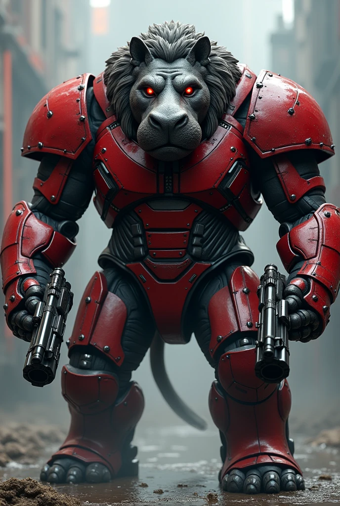 There is a big monster hippo wearing armour, that too in red and black colour, with the head of a lion, and her face is like doctordoom it is also robotic and has two arms, bodies and guns.