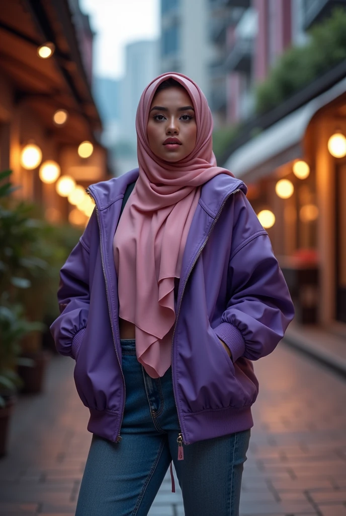(photorealism:1.2), beautiful indonesian woman, sexy body, standing on Kuala lumpur night road, wearing purple hoody jacket, soft pink long hijab, wore a bule jeans, sneaker shoes, bold make up, pink lipstick, real photoshoot, out doors, soft lighting, Kuala lumpur Malaysia city background, good lighting, cozy room, relaxed pose, realistic, intricate details, warm colors, HD