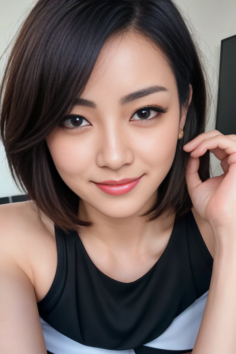shy, Otaku, Playful smile, A face with attention to detail, Skin with attention to detail, Tight blouse,mini skirt, (Eye for detail:1.3), short hair, Black Hair, (Small breasts:1.2), (Strong athletic body), office building, (超High resolution, 8k wallpaper, High resolution), Cinema Lighting, Award-winning, Highly detailed skin, Highly detailed face, Eye for detail,black eye, Photorealistic,