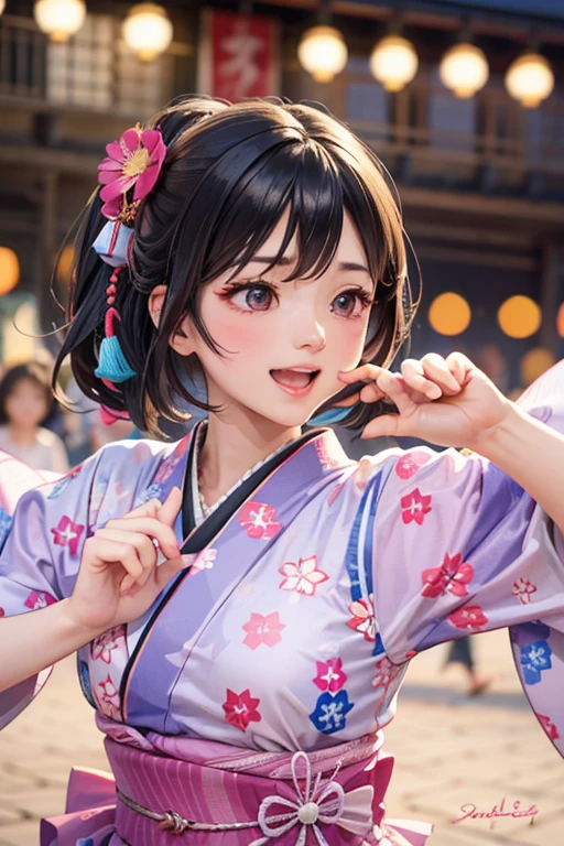 (Japan Bon Odori,最高masterpiece,Highest quality), Hot August,Bright vibrant anime art,People of all ages and genders dance and dance, Dancing in yukata,Laughing and dancing, Showing white teeth,Men and women dance in a circle, masterpiece,Highest quality,High resolution,