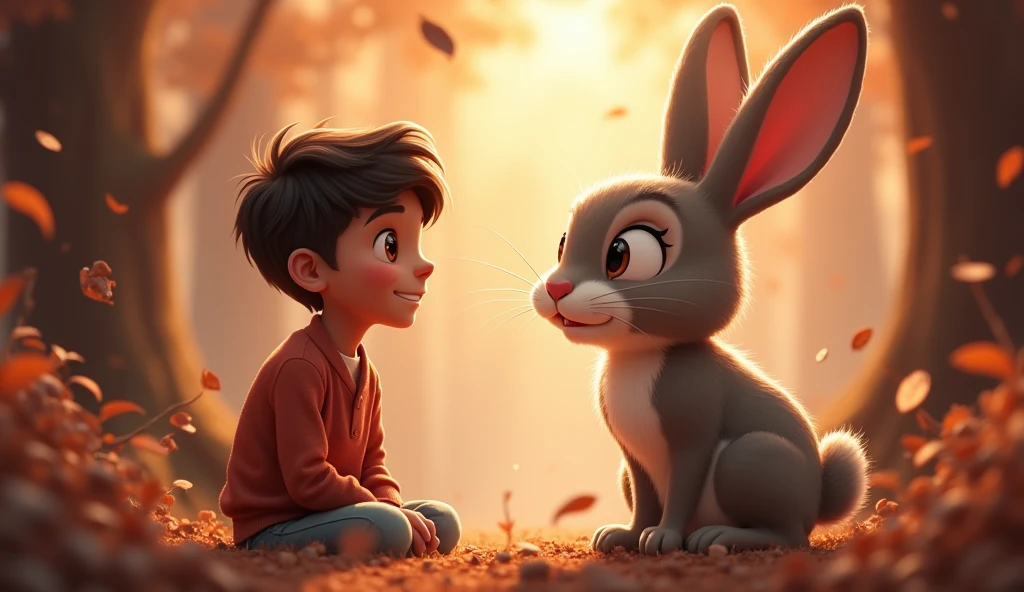 Show Rahul meeting a friendly rabbit in the chocolate forest. The rabbit is talking to Rahul, giving him advice. The rabbit is animated with a wise expression, and Rahul looks relieved and curious.