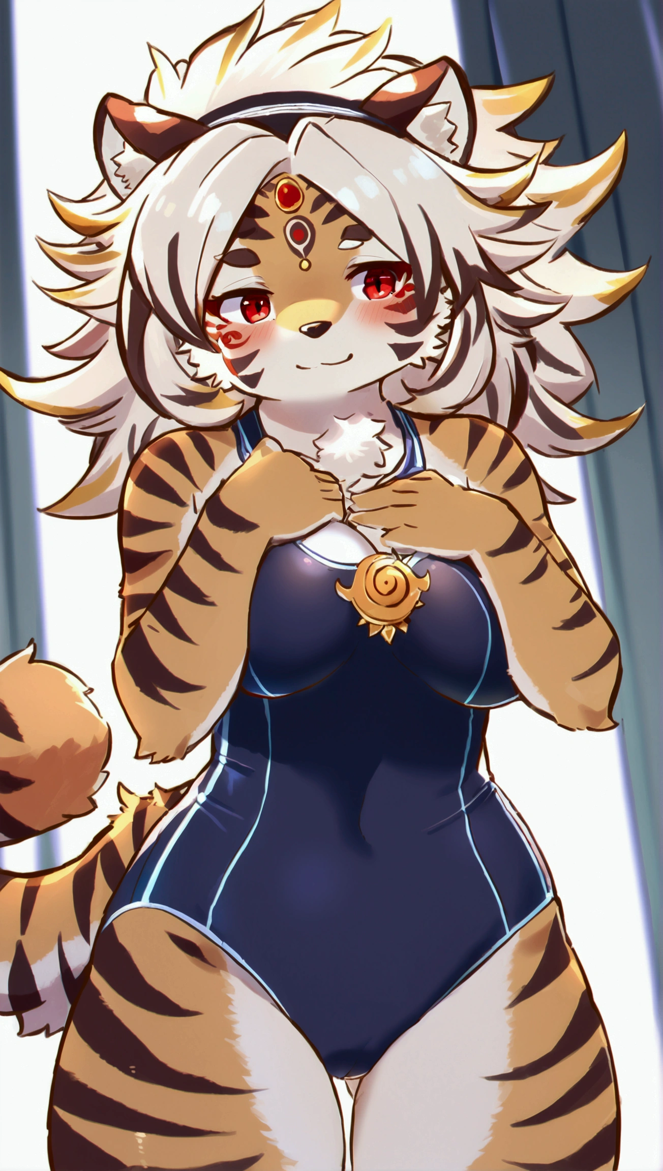 (top quality, best quality, High-quality illustrations, masterpiece, 16k, 1080p, uploaded on e621)(kemono, furry, anthro, alone), round, 1 female, hot mother figure, very detailed body face and eyes, light brown tiger, Durga, (Tokyo Afterschool Summoners), brown fur, fluff, average breasts, tail, perfect eyes, red eyes, long hair, beautiful sport one-piece swimsuit, tiger jewelry, beautiful day in Kyoto, body movement, body twitching, body trembling, red blushing, shy smile