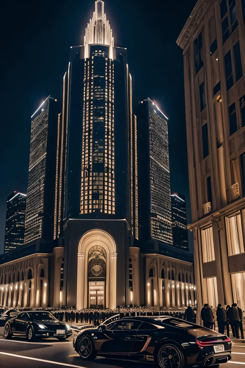 Beautiful luxury very big building with so many lights and beautiful  very big building with lots of black expensive big cars standing outside the building and bodyguards and written D'costa 
