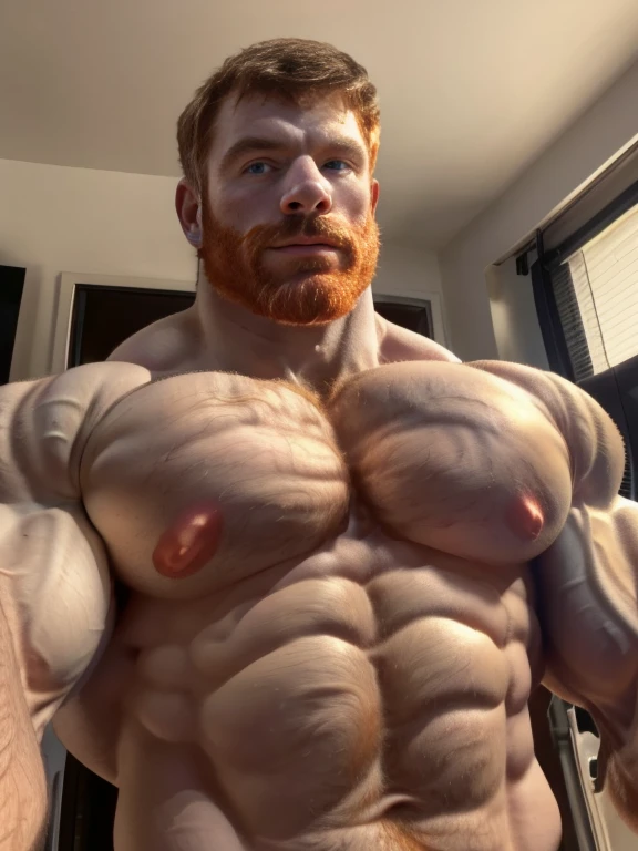(ginger:1.3), Masterpiece, denoise, void noise, one man, best quality, 8k resolution, male focus, focus only, amazing composition, volumetric lighting, super quality, elegant, Very detailed, front view, -----------, muscular, (pale skin), ((((((Caucasian man)))))), very handsome, (light-blue eyes), ((messy hair)), big ears, (hairy), scruffy beard, (((shirtless))), (((facing viewer))), extremely huge muscles, rippling chest, portrait, (huge bulky muscles:1.3), (looking at viewer:1.5)
