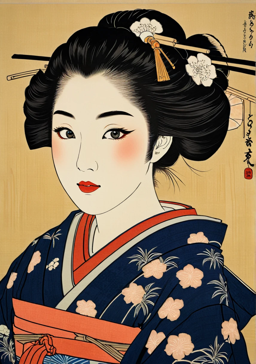 (Ukiyo-e:1.9)、woodblock print、Sharaku、Cute Japanese Town Girl、 Talents、Intricate kimono patterns、Delicate facial features、A hairstyle symbolizing the Edo period、Kind eyes and small lips、Innocent look、West Shot、Japanese Edo Background、Natural light、High resolution、Detailed Images、Bright colors、Realistic、masterpiece