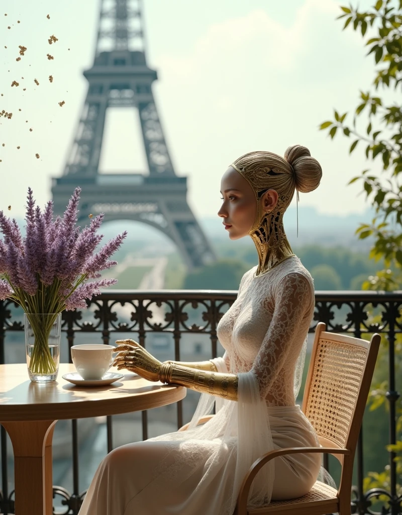 robot woman, on balcony at table with cup of coffee, lavender bouquet in vase, gold filigree couture clothing, cutout design, delicate lace pattern, intricate details, metallic feathers, ancient chinese style, with exquisite details, in front of eiffel tower, chowboy style shot, biomimicry, metallic particles, surreal, clam, classic, details, cinematic quality, minimalism
