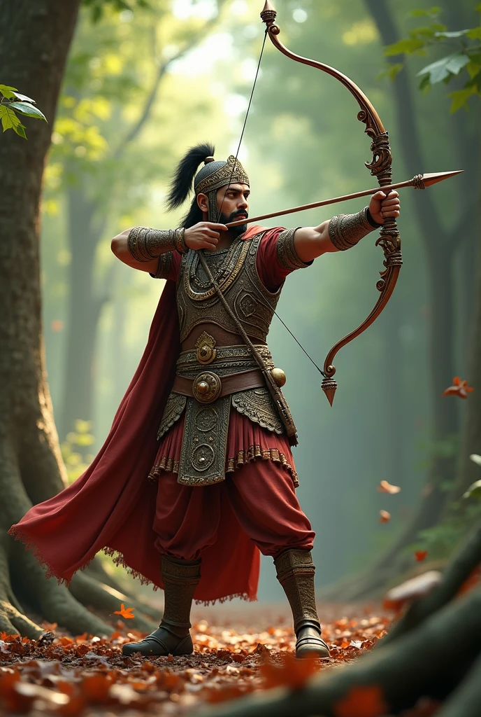in 3d, Prithviraj Mastering Archery: A detailed image of Prithviraj Chauhan in the forests, practicing archery, shooting an arrow with deadly precision guided by sound (shabdabhedi baan).