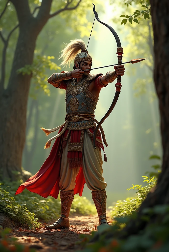 in 3d, Prithviraj Mastering Archery: A detailed image of Prithviraj Chauhan in the forests, practicing archery, shooting an arrow with deadly precision guided by sound (shabdabhedi baan).