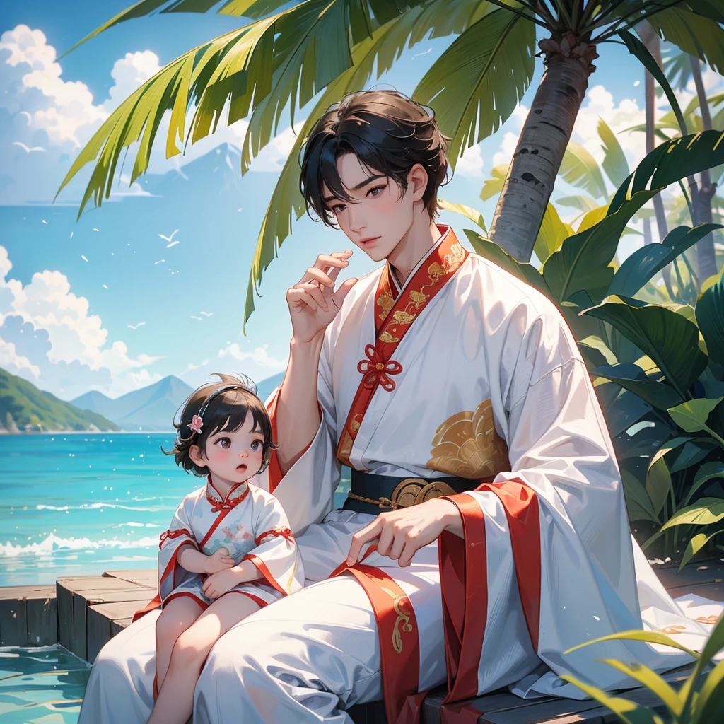 A one-year-old baby boy in an ancient Chinese baby costume with his beautiful mother, dressed in an ancient Chinese costume, at the beach, playing with each other, with his handsome father standing next to his mother, close up