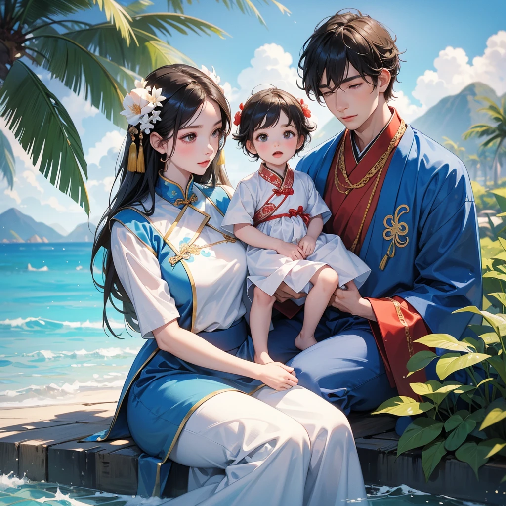 A one-year-old baby boy in an ancient Chinese baby costume with his beautiful mother, dressed in an white ancient Chinese costume, playing with each other, with his handsome father standing next to his mother, close up.
Sitting fishing By the blue sea Under the coconut tree Behind there are mountains, with low, lazily floating clouds.