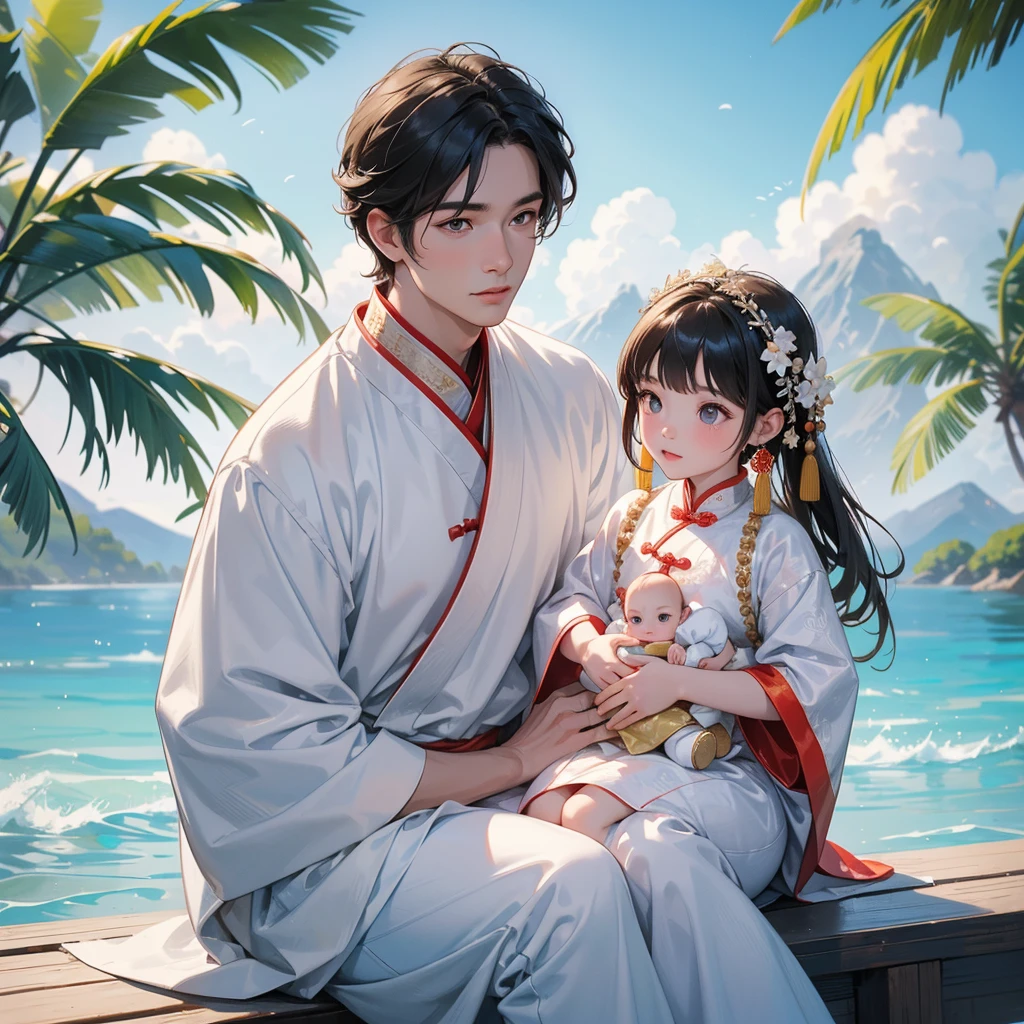 A one-year-old baby boy in an ancient Chinese baby costume with his beautiful mother, dressed in an white ancient Chinese costume, playing with each other, with his handsome father standing next to his mother, close up.
Sitting fishing By the blue sea Under the coconut tree Behind there are mountains, with low, lazily floating clouds.