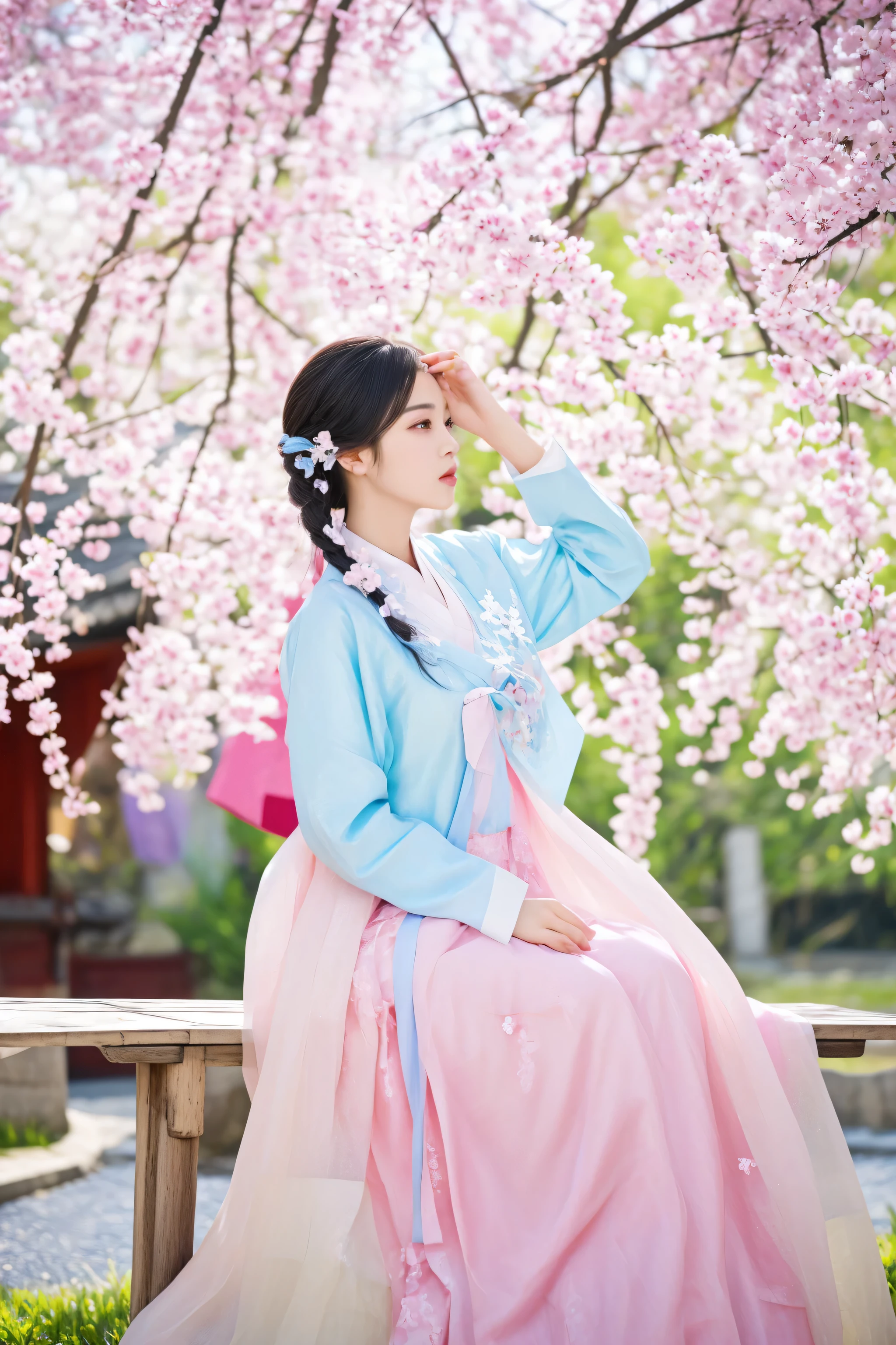 araffe woman in a pink and blue dress sitting on a bench, palace , a girl in hanfu, hanfu, traditional chinese clothing, korean hanbok, with acient chinese clothes, white hanfu, chinese costume, flowing sakura-colored silk, wearing ancient chinese clothes, hanbok, flowing sakura silk, japanese clothes, beautiful south korean woman, chinese dress
