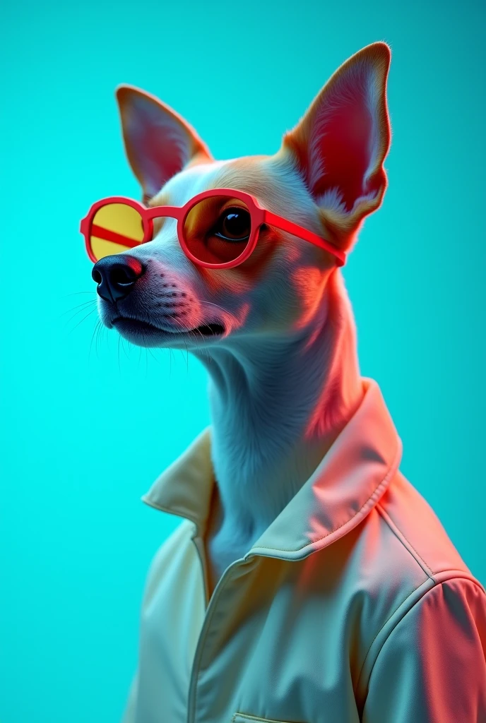 The best cell phone wallpaper, Award-Winning Wallpaper, portrait photography, In the front view is a portrait of a cute dog wearing mid-1960s space age fashion, Side view photo, Shot with Canon EOS R5, Set a strong contrast that accentuates the subject, Fluorescent blue tone, Wearing a very modern coat and sunglasses is a modern 1960s style, Clothes all in one color, beautiful background