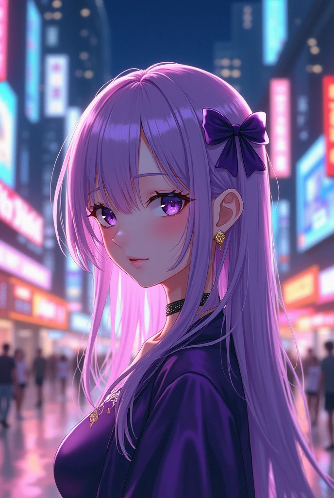 make me an Anime girl with name tage "Amethyst" in city lights background