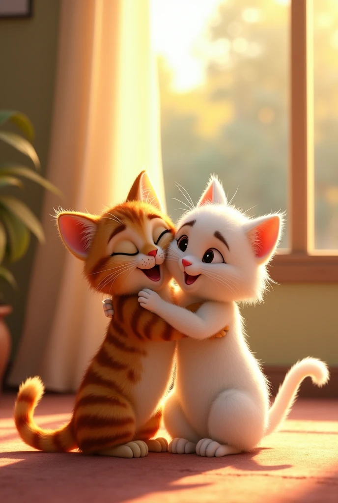 Moti brown cat band Sona white cat Happy Reunion After Sickness: Moti, now recovered, playing again with Sona, both cats looking healthy and joyful, celebrating their enduring friendship. Pixar style