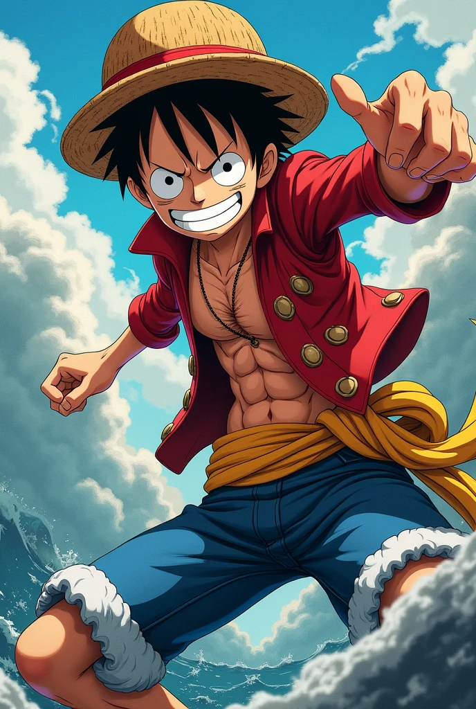 Create a highly detailed and realistic image of Luffy from One Piece for use as the main feature of a trading card. Luffy should be depicted in an epic and dynamic pose, showcasing his adventurous spirit and iconic style. Pay special attention to the details of his fingers and hands, ensuring they are accurately rendered and add to the overall realism of the image. The character should be shown with his signature outfit, Straw Hat, and distinctive expressions. The background should enhance the epic feel of the scene, complementing Luffy with a dramatic and fitting setting. The image should be vibrant, realistic, and visually striking, perfect for highlighting as the centerpiece of a trading card.