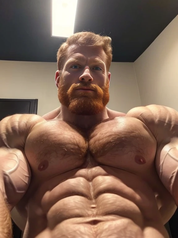 (ginger:1.3), Masterpiece, denoise, void noise, one man, best quality, 8k resolution, male focus, focus only, amazing composition, volumetric lighting, super quality, elegant, Very detailed, front view, -----------, muscular, (pale skin), ((((((Caucasian man)))))), very handsome, (light-blue eyes), ((messy hair)), big ears, (hairy), scruffy beard, (((shirtless))), (((facing viewer))), extremely huge muscles, rippling chest, portrait, (huge bulky muscles:1.3), (looking at viewer:1.5)