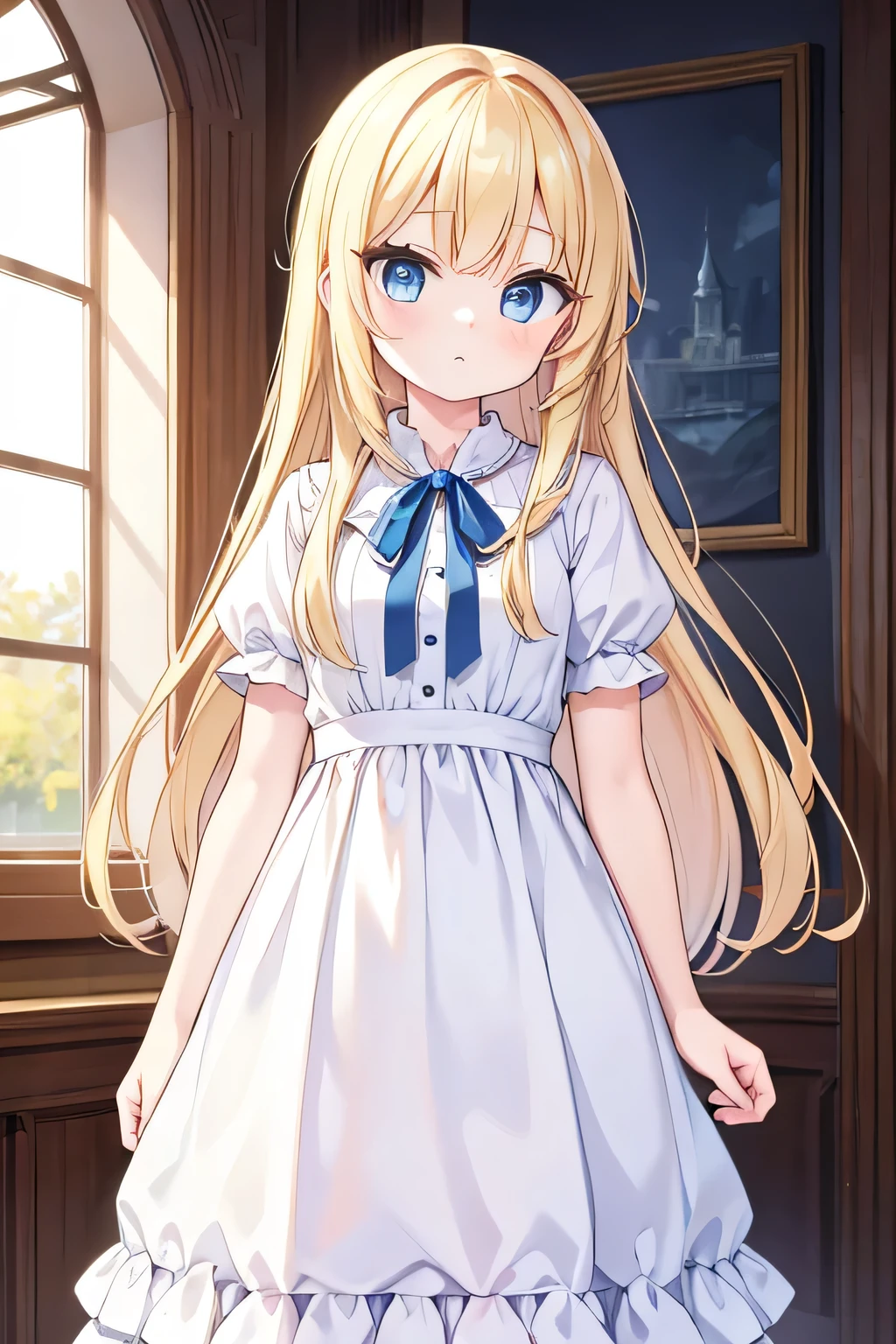 blonde hair, blue eyes, wearing daily dress, long hair, masterpiece