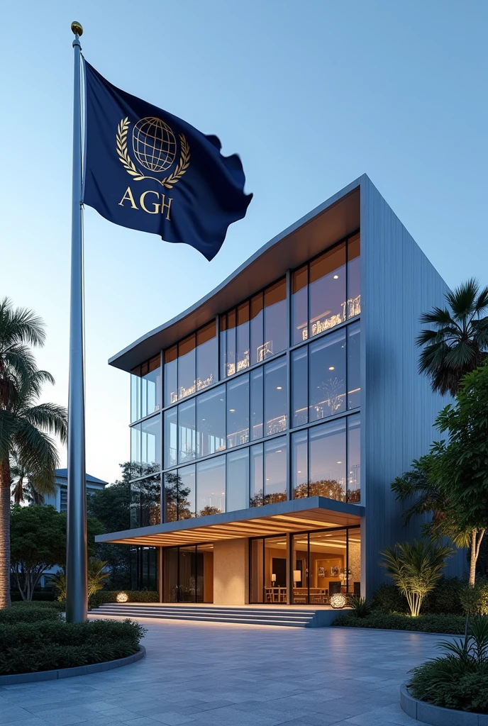 Building The image showcases a modern building with distinct Singaporean architectural elements. The building features sleek glass facades, clean lines, and an elegant, minimalist design that reflects a blend of modernity and traditional Southeast Asian influences. The structure rises several stories high, with a curved roof inspired by the traditional "Minangkabau" style, slightly flaring at the edges.
At the top of the building, prominently displayed is a large sign that reads "APEX GLOBAL HOLDINGS EMBASSY" in bold, metallic letters, illuminated subtly for a sophisticated look. The lettering is centered above the main entrance, which is framed by two large, polished stone pillars.
The building is surrounded by a lush, well-manicured compound, featuring a variety of tropical plants, palm trees, and a koi pond that reflects the building's modern yet organic design. A wide, stone pathway leads to the entrance, bordered by low, neatly trimmed hedges.
Flag Description:
A flagpole stands to the right of the main entrance, positioned near the koi pond. The flag of Apex Global Holdings is flying atop it, featuring a deep navy blue background with a golden emblem at the center. The emblem is a globe encircled by olive branches, symbolizing peace and global reach, with the letters "AGH" elegantly inscribed at the bottom of the globe in a bold, modern font. The flag waves gently in the breeze, adding a sense of dignity and prestige to the setting.
The entire scene is set against a clear blue sky, with the building’s glass facade reflecting the natural surroundings, enhancing the serene and prestigious ambiance of the compound.