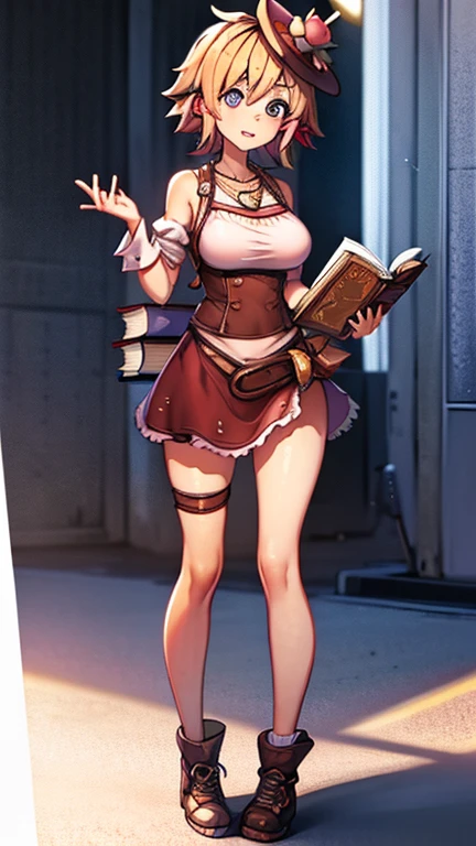 Tiny tina has large breasts and she is wearing her wich hat and she is holding her book