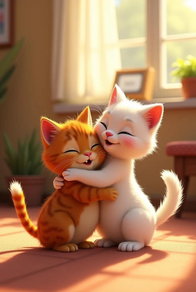 Moti brown cat band Sona white cat Happy Reunion After Sickness: Moti, now recovered, playing again with Sona, both cats looking healthy and joyful, celebrating their enduring friendship. Pixar style