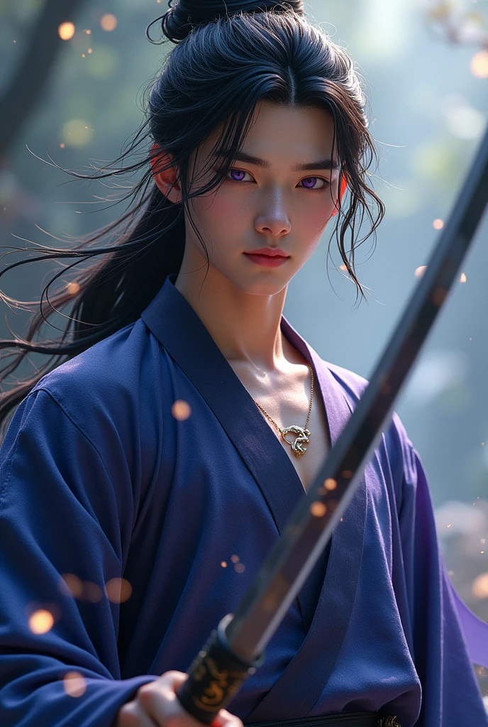 (A teenage man wields a Chinese sword),(cool guy), Hanfu, ink surround,Surrounded by wind, Realistic, Clear face, The eyes are clear and bright, high detal, Movie Lighting, motionblur, Ray traching, reflective light, (closeup cleavage), tmasterpiece, Best quality at best, high qulity, Anatomically correct, ctextured skin, high detal, super detailing, 1080P, hyper HD, k hd,A boy with,BLACK hair, ePurple eyes, Ancient man, swordsmen, long black hair,, clavicle, Wear a necklace，Traditional Hanfu, Gorgeous costumes, Xianxia, fantasy, gentleness, Dragon Totem, Glows skin, rainwater, water dripping, White coat,Pure desire,Young man,The light is gentle,ssmile