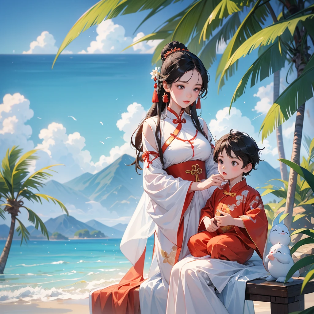 A one-year-old baby boy in an ancient Chinese baby costume with his beautiful mother, dressed in an white ancient Chinese costume, playing with each other, with his handsome father standing next to his mother, close up.
Sitting fishing By the blue sea Under the coconut tree Behind there are mountains, with low, lazily floating clouds.