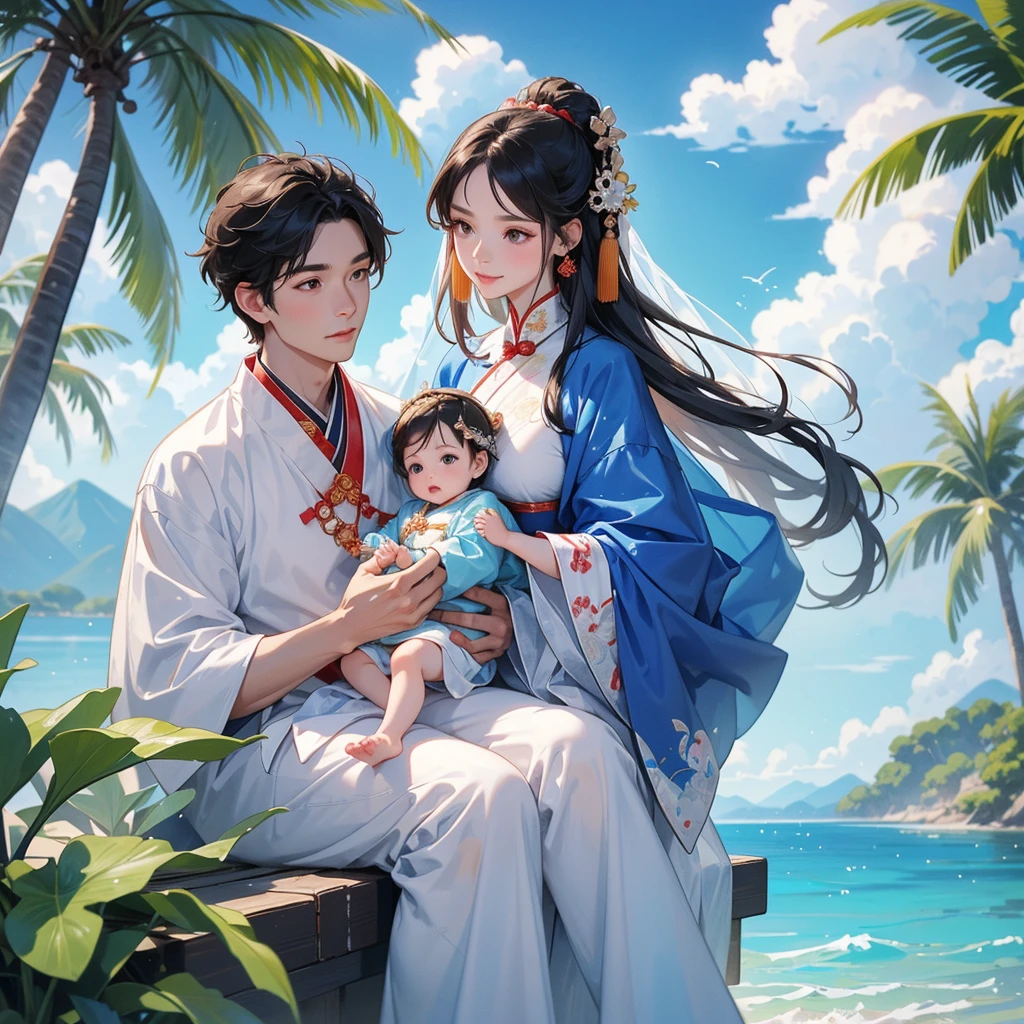 A one-year-old baby boy in an ancient Chinese baby costume with his beautiful mother, dressed in an white ancient Chinese costume, playing with each other, with his handsome father standing next to his mother, close up.
Sitting fishing By the blue sea Under the coconut tree Behind there are mountains, with low, lazily floating clouds.
