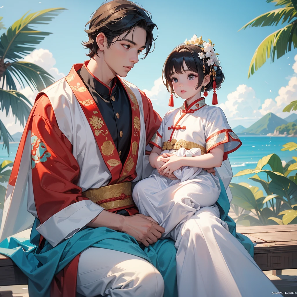 A one-year-old baby boy in an ancient Chinese baby costume with his beautiful mother, dressed in an white ancient Chinese costume, playing with each other, with his handsome father standing next to his mother, close up.
Sitting fishing By the blue sea Under the coconut tree Behind there are mountains, with low, lazily floating clouds.