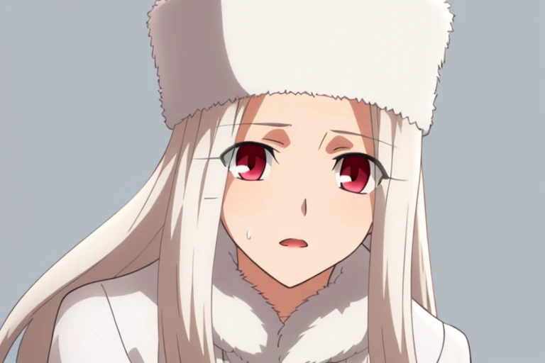 Irisviel Von Einzbern, (large breasts), oversized breasts, long hair, (platinum-blonde hair), white fur coat, white fur hat, solo, facing the viewer, looking at the viewer, (aroused facial expression), blush, sweat, (simple background), view from below