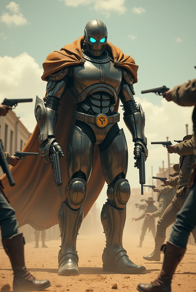 A four armed cowboy cyborg (lit eyes, cowboy hat, leather duster, guns, obviously mechanical. cowboy boots), gun battle middle of a ghost town, shootout with bandits , epic shootout, lots of gunfire, written in movie title style 'Jack Tombstone III' across the top of screen
