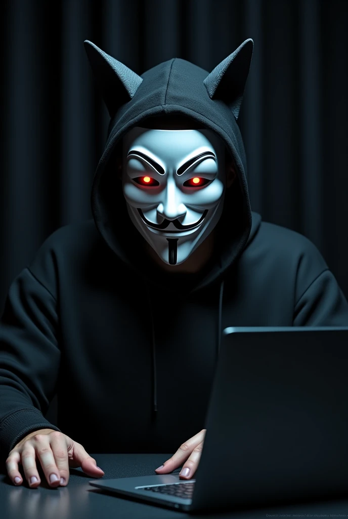 It's a stocky man in a black hooded sweater sitting using his hacker computer. He has a white V for Vendetta mask with red eyes with black pupils and large cat ears. Behind him is a black curtain.