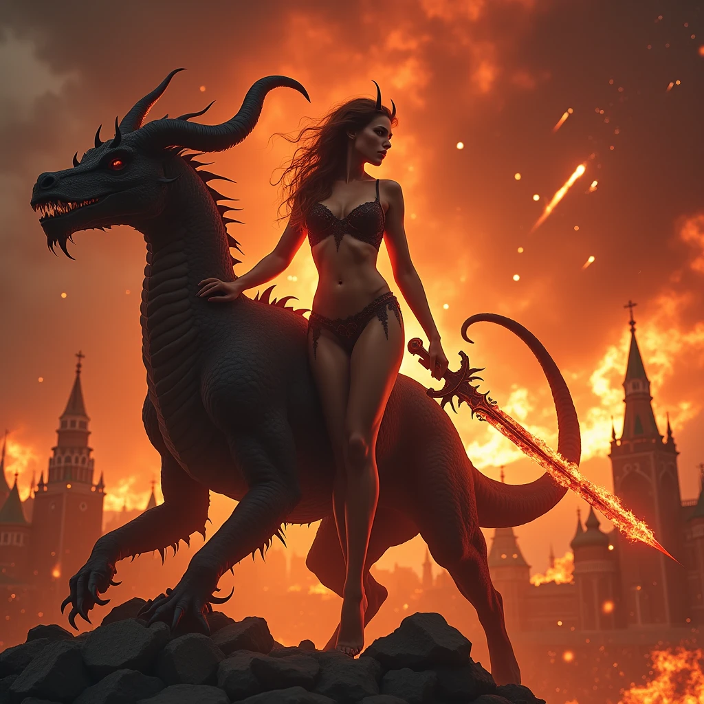 Full length portrait of a captivating and fierce full length sexy devil, Big breasts ,naked body, Long horns, beautiful detailed eyes, beautiful detailed lips, very detailed face and body, with a Flaming Sword in his hands, riding a fancy dragon, burning ruins above the Burning Ruins of the Moscow Kremlin and Red Square at the bottom of the picture, and above in the sky is a meteor shower of fire, crimson sky, in the style of Luis Royo ((masterpiece, top quality, Highest image quality, a high resolution, photorealistic, RAW photo, 8 K)), ((extremely detailed wallpaper CG unified 8k)), (Huge stunning goddess shot, Very hot and sexy, потрясающая beauty, perfect proportions, beautiful body, slender body, beauty:1.4)